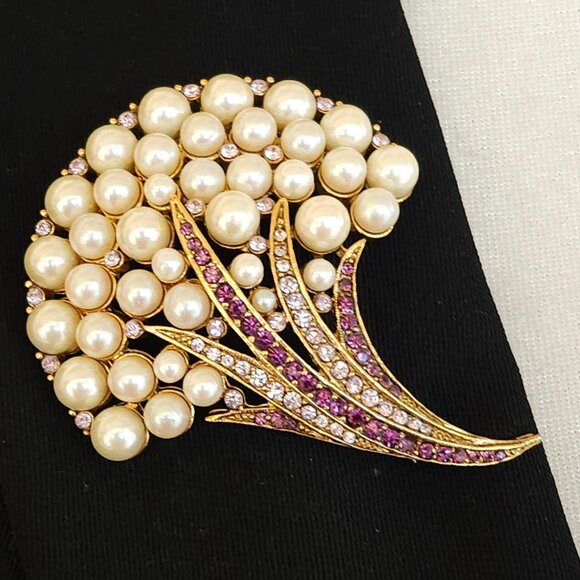 Vintage Faux Pearl & Rhinestone Brooch Floral Pin - Picture 1 of 8